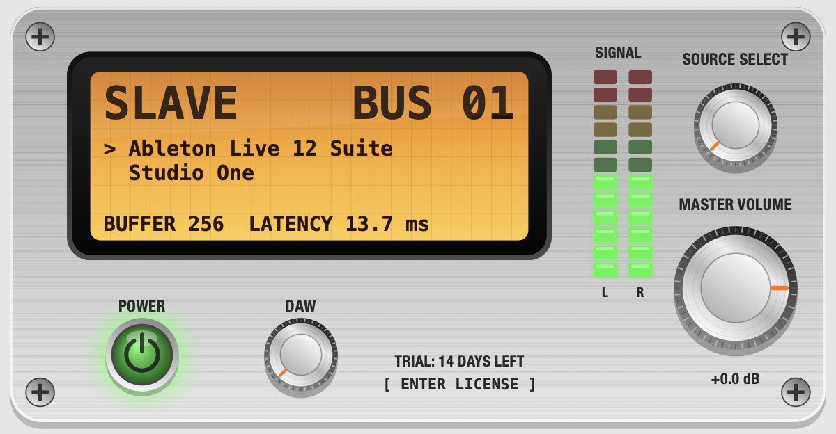 The DAWperator Receive panel: amber display, signal meter, DAW and source knobs